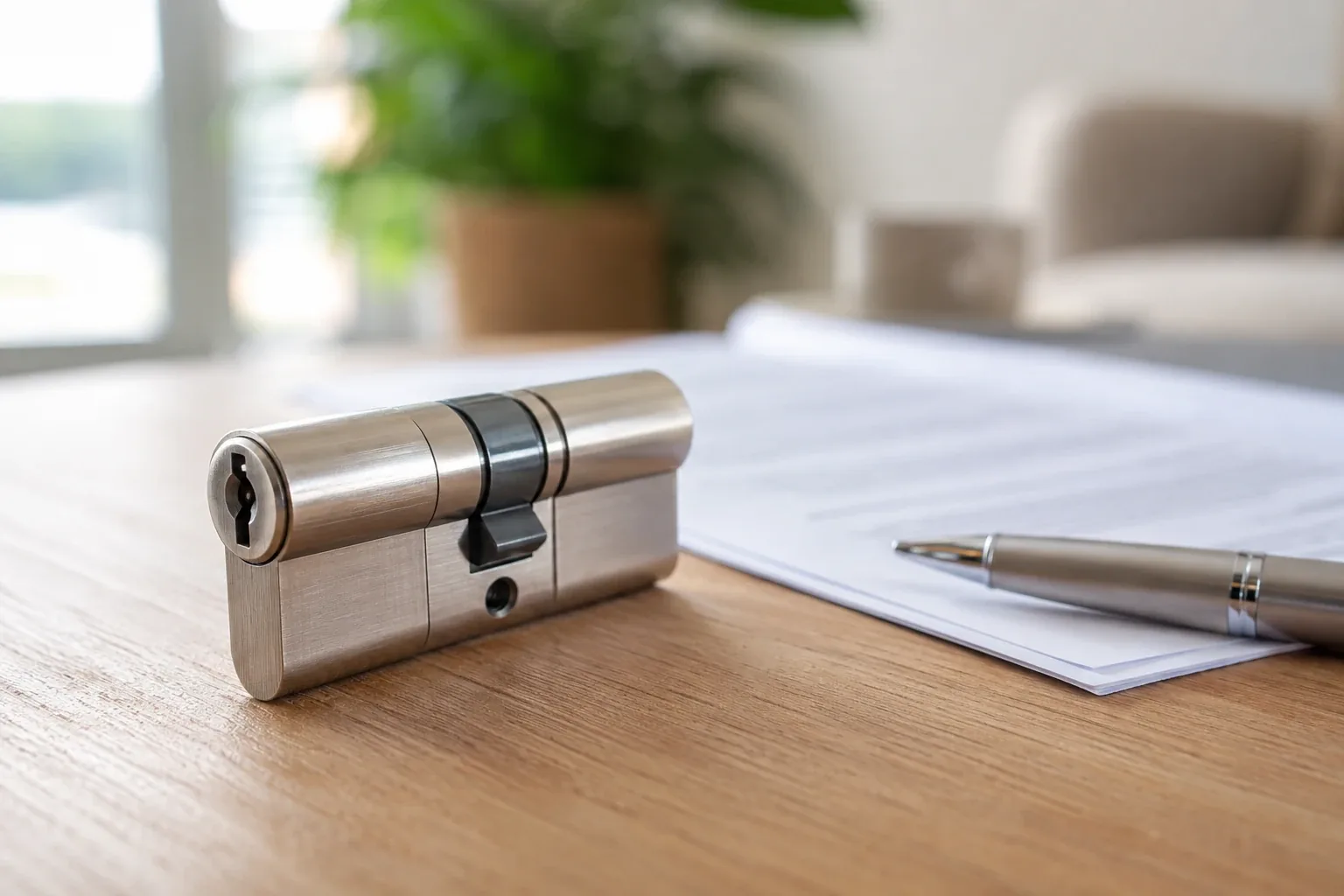 Cylindre de serrure de sécurité posé à côté d'un contrat et d'un stylo